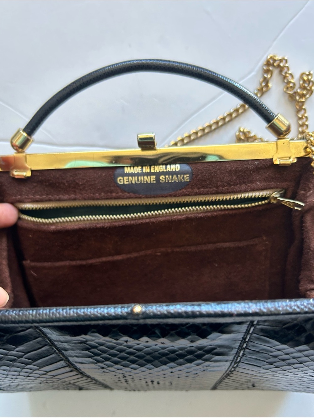 Black Genuine Snake Mini Top-Handle Bag with Gold Chain Strap